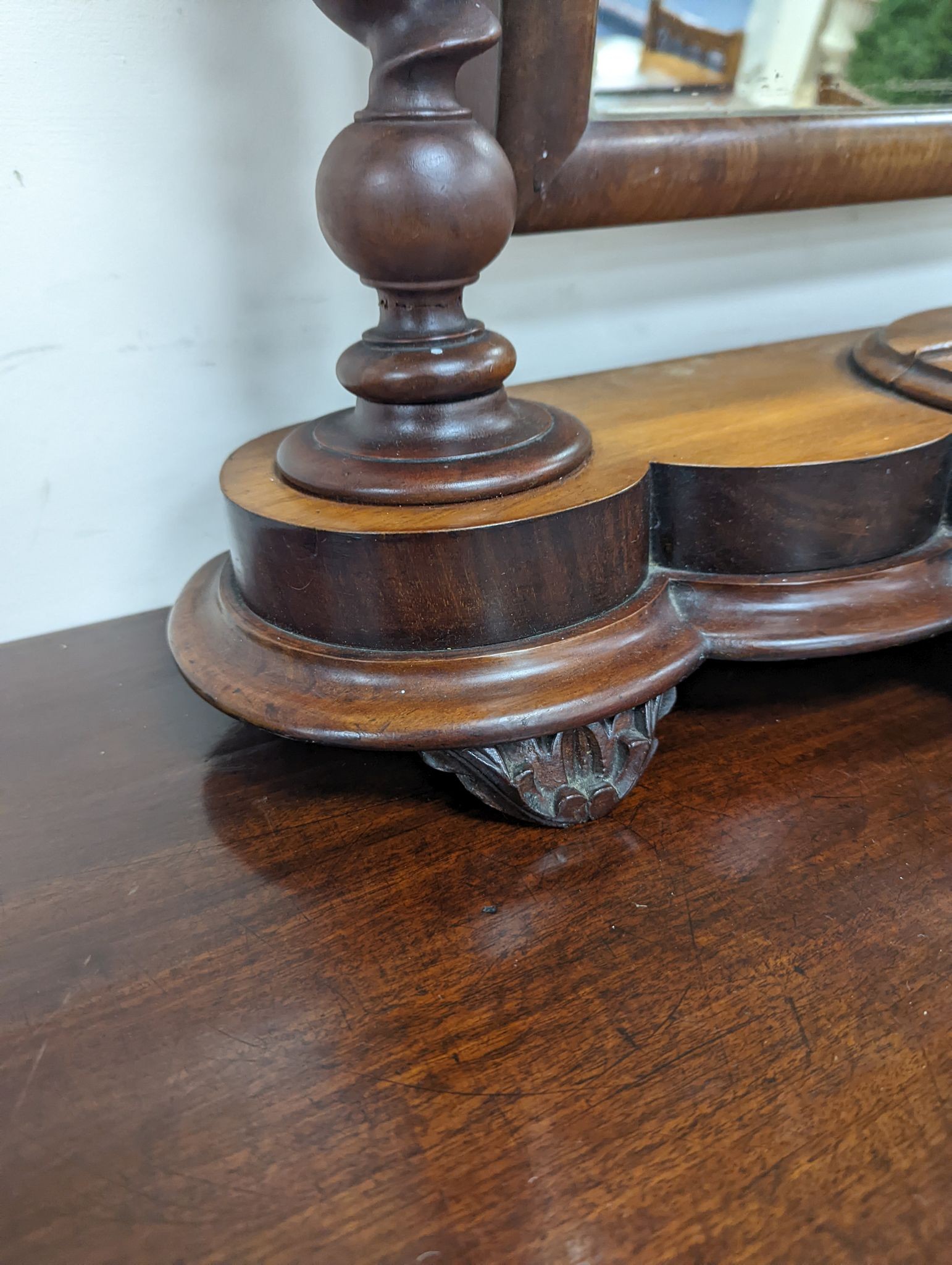 A Victorian mahogany barley twist toilet mirror, width 78cm, depth 29cm, height 76cm